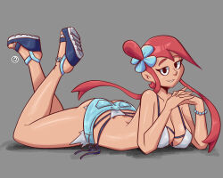Rule 34 | 1girl, arm support, bikini, blue eyes, breasts, cleavage, creatures (company), denim, denim shorts, feet, game freak, highres, large breasts, legs, long hair, looking at viewer, lying, nanus360, nintendo, on side, on stomach, pokemon, pokemon bw, red hair, shorts, skyla (pokemon), smile, solo, swimsuit, the pose, thighs, white bikini