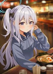 Rule 34 | 1girl, absurdres, alternate costume, blue archive, blurry, bow, bowl, braid, casual, chopsticks, commentary request, cup, depth of field, drinking glass, food, french braid, grey hair, grey sweater, hair between eyes, hair bow, hair ribbon, halo, highres, hood, hooded sweater, leepy, long hair, long sleeves, looking at viewer, miyako (blue archive), noodles, one side up, outdoors, photo background, purple eyes, ramen, ribbon, sidelocks, single braid, solo, sweatdrop, sweater, table, water