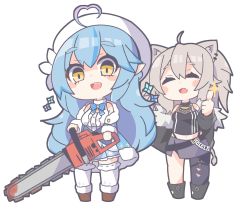 Rule 34 | 2girls, ^ ^, ahoge, animal ears, blood, blush, breasts, chainsaw, chibi, closed eyes, ear piercing, fang, grey hair, hair between eyes, heart, heart ahoge, heart hair, highres, holding, holding chainsaw, hololive, lion ears, long pointy ears, looking at viewer, medium breasts, multiple girls, o-ring, o-ring thigh strap, open mouth, oquri, piercing, pointy ears, shishiro botan, shishiro botan (1st costume), thigh strap, thighhighs, thumbs up, torn clothes, torn legwear, virtual youtuber, yellow eyes, yukihana lamy