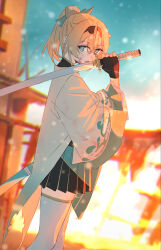 Rule 34 | 1girl, aqua eyes, black gloves, black hairband, blonde hair, blood, blood on clothes, blood on face, burning, fiery background, fingerless gloves, fire, gloves, hair ornament, hairband, haori, highres, holding, holding sword, holding weapon, hololive, japanese clothes, joker (tomakin524), katana, kazama iroha, kazama iroha (1st costume), leaf hair ornament, long hair, pleated skirt, ponytail, scabbard, sheath, shrug (clothing), skirt, solo, sword, thighhighs, torn clothes, virtual youtuber, weapon, white thighhighs