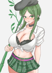 Rule 34 | 1girl, absurdres, alternate costume, breasts, cleavage, collarbone, commentary request, cowboy shot, crop top, green eyes, green hair, green skirt, hat, highres, holding bamboo shoot, huge breasts, kuraki, leaf, looking to the side, midriff, navel, parted bangs, plaid, plaid skirt, short hair with long locks, short sleeves, sidelocks, simple background, skirt, solo, tate eboshi, teireida mai, touhou, white background