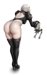 Rule 34 | 1girl, 1other, 2b (nier:automata), absurdres, ass, backless leotard, black footwear, black gloves, black thighhighs, boots, breasts, commentary request, curvy, feather trim, floating, floating object, from behind, full body, gloves, hairband, high heels, highleg, highleg leotard, highres, kurone rinka, leotard, long sleeves, medium breasts, nier:automata, nier (series), pod (nier:automata), puffy sleeves, robot, shiny skin, short hair, simple background, solo, thigh boots, thighhighs, thong leotard, white background, white hair, white leotard, wide hips