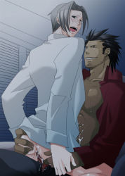 Rule 34 | 2boys, ace attorney, anal, blush, bottomless, capcom, censored, cum, cum in ass, diego armando, ejaculation, male focus, male penetrated, miles edgeworth, multiple boys, open clothes, open shirt, penis, saliva, shirt, tears, yaoi