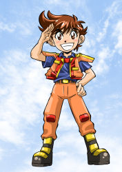 Rule 34 | 1boy, black footwear, blue shirt, boots, brown eyes, brown hair, child, cloud, cloudy sky, commentary, commentary request, day, full body, highres, jacket, looking at viewer, machine robo, machine robo rescue, male focus, oozora taiyou, orange jacket, orange pants, outdoors, pants, salute, shirt, sky, smile, teeth, tsushima naoto