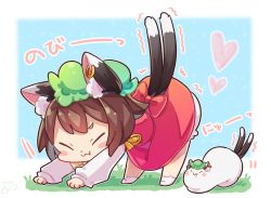 Rule 34 | 1girl, :3, all fours, animal ear fluff, animal ears, arm up, blush, bobby socks, bow, bowtie, brown hair, cat ears, cat tail, chen, chinese clothes, closed eyes, closed mouth, commentary request, earrings, fang, fang out, green hat, hat, heart, ibaraki natou, jewelry, long sleeves, mob cap, mochen, multiple tails, nekomata, no shoes, one eye closed, puffy sleeves, red eyes, shoes, short hair, single earring, skirt, skirt set, socks, solo, stretching, tail, touhou, white bow, white bowtie, white socks