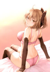 Rule 34 | 1girl, absurdres, ahoge, arm guards, arm support, ass, back, bare back, bare shoulders, bed sheet, black bow, black thighhighs, blush, bow, bra, breasts, brown eyes, brown hair, closed mouth, fate/grand order, fate (series), from behind, gradient background, hair bow, half updo, highres, koha-ace, lace, lace-trimmed bra, lace trim, large breasts, lingerie, looking at viewer, looking back, mashuu (neko no oyashiro), okita souji (fate), okita souji (koha-ace), on bed, panties, pink bra, pink panties, ponytail, scan, short hair, sitting, solo, thighhighs, tsurime, underwear, underwear only