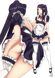 Rule 34 | 1girl, apron, ass, bl/ess, black hair, black panties, breasts, cleavage, cleavage cutout, clothing cutout, dress, dressing, frilled dress, frilled thighhighs, frills, full body, holding, jill stingray, long hair, looking at viewer, maid, mary janes, medium breasts, multiple views, panties, parted bangs, purple hair, red eyes, shoes, sidelocks, simple background, swept bangs, thighhighs, tsurime, twintails, twitter username, underwear, undressing, va-11 hall-a, white background, white thighhighs