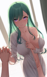 Rule 34 | 1girl, breasts, green hair, holding hands, naked shirt, navel, nikichiho, purple eyes, shirt, smile, virtual youtuber, vspo!, yakumo beni