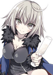 Rule 34 | 1girl, ahoge, alcohol, black dress, black footwear, black jacket, blue jacket, blush, breasts, champagne, champagne flute, cleavage, coat, collarbone, commentary request, cup, dress, drinking glass, fate/grand order, fate (series), full-length zipper, fur-trimmed coat, fur-trimmed jacket, fur-trimmed sleeves, fur collar, fur trim, highres, jacket, jeanne d&#039;arc (fate), jeanne d&#039;arc alter (fate), jeanne d&#039;arc alter (ver. shinjuku 1999) (fate), jewelry, large breasts, necklace, official alternate costume, open clothes, open coat, open jacket, short dress, simple background, smile, solo, suzuri (tennenseki), white background, wicked dragon witch ver. shinjuku 1999, wine glass, yellow eyes, zipper