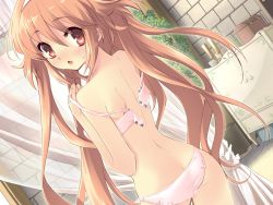 Rule 34 | 1girl, alice (alice parade), alice parade, ass, blush, bra, brown hair, game cg, highres, ito noizi, lingerie, long hair, miori (alice parade), panties, pink bra, pink panties, solo, underwear, underwear only, undressing, very long hair, wallpaper