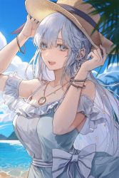Rule 34 | 1girl, anastasia (fate), anastasia (swimsuit archer) (fate), anastasia (swimsuit archer) (first ascension) (fate), arm up, artist name, bare shoulders, beach, blue dress, bracelet, breasts, brown hat, cloud, cloudy sky, commentary request, day, dress, earrings, fate/grand order, fate (series), grey eyes, hair between eyes, hair ornament, hand up, hands on headwear, hat, highres, jewelry, kim eb, large breasts, long hair, looking at viewer, necklace, open mouth, outdoors, palm leaf, silver hair, sky, smile, solo, star (symbol), star hair ornament, sun hat, teeth, upper body, upper teeth only, very long hair