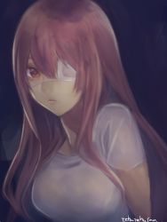 Rule 34 | 1girl, breasts, character request, closed mouth, eyepatch, long hair, looking at viewer, murata tefu, purple hair, simple background, solo