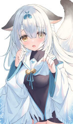 Rule 34 | 1girl, animal ear fluff, animal ears, azur lane, bandaged head, bandages, bell, black bodysuit, blue ribbon, blush, bodysuit, breasts, brown eyes, commentary request, covered collarbone, covered navel, cowboy shot, eyes visible through hair, grey hair, hair over one eye, highres, jingle bell, long hair, long sleeves, looking at viewer, medium breasts, miyuki (azur lane), neck bell, neck ribbon, open mouth, ribbon, sailor collar, satsuki yukimi, simple background, solo, standing, tail, very long hair, white background, white sailor collar, wide sleeves