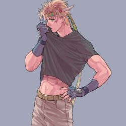 Rule 34 | 1boy, abs, battle tendency, blonde hair, blue gloves, caesar anthonio zeppeli, clothes lift, commentary, cowboy shot, facial mark, fingerless gloves, gloves, green eyes, grey background, grey shirt, hand on own hip, headband, highres, jojo no kimyou na bouken, looking afar, looking ahead, looking away, male focus, navel, ohashi img, pants, shirt, shirt lift, short hair, short sleeves, simple background, solo, stomach, sweat, symbol-only commentary, t-shirt, triangle print, white pants, winged hair ornament, wiping face, wiping sweat