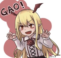 Rule 34 | 1girl, :d, bat wings, blonde hair, blush, brown eyes, brown wings, claw pose, commentary request, fang, granblue fantasy, hands up, head wings, long hair, long sleeves, open mouth, orakuru, pointy ears, romaji text, shirt, signature, smile, solo, upper body, v-shaped eyebrows, vampy, very long hair, white shirt, wings