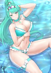 Rule 34 | 1girl, absurdres, arm strap, arm under breasts, armband, artist name, bikini, blue bikini, bracelet, breasts, cleavage, collar, collarbone, frilled bikini, frills, green eyes, green hair, green one-piece swimsuit, hair ornament, highres, in water, jewelry, kaos art, large breasts, long hair, looking at viewer, navel, one-piece swimsuit, pneuma (xenoblade), ponytail, signature, sitting, solo, stomach, swept bangs, swimsuit, thigh strap, water, xenoblade chronicles (series), xenoblade chronicles 2