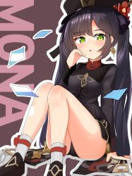 Rule 34 | 1girl, :o, absurdres, black shorts, blush, character name, cosplay, earrings, flower, full body, genshin impact, green eyes, half-closed eyes, hat, highres, hu tao (genshin impact), hu tao (cosplay), jewelry, legs, long sleeves, looking at viewer, mona (genshin impact), mureniii, open mouth, short shorts, shorts, sitting, twintails