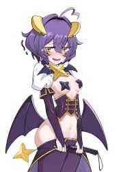 Rule 34 | 1girl, absurdres, black hair, black pasties, blush, breastless clothes, breasts, corset, cross-shaped pupils, cross pasties, demon wings, fold-over gloves, forward facing horns, highres, hiiragi utena, holding riding crop, horns, kaguyamaou, low wings, lowleg, lowleg pants, magia baiser, mahou shoujo ni akogarete, navel, nervous sweating, nose blush, pants, pasties, purple corset, purple pants, riding crop, simple background, small breasts, solo, stomach, sweat, symbol-shaped pupils, white background, white shrug, wings, yellow eyes, yellow horns