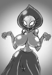 Rule 34 | 1girl, alien, blush, breasts, facing viewer, feet out of frame, female focus, flatwoods monster, gradient background, grey background, large breasts, looking at viewer, monochrome, monster girl, no mouth, no nose, no pupils, pussy, shinooka, solo, standing, white background