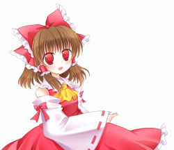 Rule 34 | 1girl, :d, ascot, bow, brown hair, detached sleeves, hair bow, hair ribbon, hakurei reimu, kashiwadokoro, long hair, looking at viewer, open mouth, red eyes, ribbon, simple background, smile, solo, touhou, white background