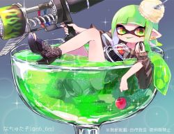 Rule 34 | 1girl, :p, artist name, black footwear, black shirt, black shorts, blunt bangs, boots, bubble, cherry, colored tongue, commentary request, cup, dolphin shorts, drinking glass, earrings, food, food on head, fruit, green hair, green tongue, high heel boots, high heels, highres, holding, holding food, holding fruit, holding weapon, ice cream, ink tank (splatoon), inkling, inkling girl, inkling player character, jewelry, leg up, liquid, long hair, mini person, minigirl, n6 6m, nintendo, object on head, off-shoulder shirt, off shoulder, piercing, pointy ears, range blaster (splatoon), shirt, short shorts, shorts, solo, sparkle, splatoon (series), splatoon 2, spoon, tentacle hair, tongue, tongue out, twitter username, weapon, wine glass, yellow eyes