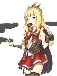 Rule 34 | 1girl, aqua eyes, black cape, black thighhighs, blonde hair, blunt bangs, blush, bow, cagliostro (granblue fantasy), cape, cowboy shot, cum, cum on clothes, disembodied penis, double handjob, facial, fellatio, granblue fantasy, hairband, half-closed eye, handjob, long hair, looking at viewer, moshi (atelier33-4), multiple penises, oral, penis, red bow, red skirt, simple background, skirt, sleeveless, thighhighs, uneven eyes, vambraces, white background, zettai ryouiki