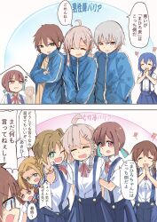 Rule 34 | + +, 2koma, 3boys, 6+girls, :d, ;d, ^ ^, absurdres, ahoge, angry, arm hug, blue hair, blue jacket, boy sandwich, braid, brown eyes, clenched teeth, closed eyes, comic, commentary, extra, flower, fujoshi, genderswap, genderswap (ftm), girl sandwich, green eyes, grey hair, hair between eyes, hair intakes, hair ornament, hairclip, hand in pocket, hand on another&#039;s shoulder, highres, himejoshi, hozuki momiji, icarus (2010741), jacket, long hair, low twintails, multicolored hair, multiple boys, multiple girls, murosaki miyo, neck ribbon, oka asahi, one eye closed, onii-chan wa oshimai!, open mouth, own hands clasped, own hands together, oyama mahiro, oyama mahiro (male), red ribbon, ribbon, sakurada yuuta, sandwiched, senkawa minato, shiina minori, shirt, short hair, short ponytail, short sleeves, side braid, single braid, sketch, skirt, smile, suspender skirt, suspenders, takada satsuki, teeth, tongue, tongue out, track jacket, translated, twintails, two-tone hair, v, white shirt