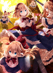 Rule 34 | 1girl, alice margatroid, apron, arms up, blonde hair, blue dress, blue eyes, bow, capelet, church, commentary request, day, dress, expressionless, floating, hair ribbon, hairband, highres, indoors, jewelry, kisaragi yuri, lance, leaning back, lolita hairband, long hair, looking at viewer, polearm, puppet rings, puppet strings, red bow, red neckwear, ribbon, ring, sash, shanghai doll, short hair, solo, touhou, very long hair, waist apron, weapon, white capelet