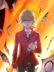 Rule 34 | 10s, 1boy, barnaby brooks jr., belt, blonde hair, glasses, green eyes, highres, jacket, jewelry, kanou, kanou ayumi, male focus, necklace, ouroboros, papers, red jacket, ribbon, solo, tiger &amp; bunny