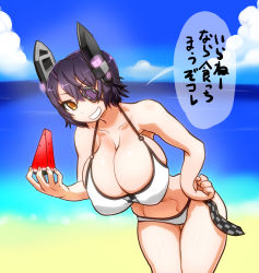 Rule 34 | 10s, 1girl, bikini, black hair, breasts, cleavage, eyepatch, food, fruit, gradient background, grin, highres, histamine c, huge breasts, kantai collection, looking at viewer, short hair, smile, solo, strap gap, swimsuit, tenryuu (kancolle), watermelon, yellow eyes