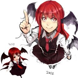 Rule 34 | 10s, 1girl, 2010, 2012, :d, arm up, bat wings, black pantyhose, blush, collared shirt, dated, dress shirt, foreshortening, frills, from above, full body, hair between eyes, head wings, index finger raised, inugami akito, juliet sleeves, koakuma, long hair, long sleeves, looking at viewer, low wings, multiple views, necktie, open mouth, pantyhose, puffy sleeves, red eyes, red hair, red necktie, see-through, shirt, sidelocks, simple background, sketch, skirt, skirt set, smile, tie tab, touhou, vest, white background, white shirt, wings