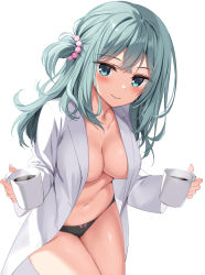 Rule 34 | 1girl, aqua eyes, aqua hair, beads, black panties, breasts, cleavage, coat, cup, hair ornament, highres, holding, large breasts, long hair, long sleeves, looking at viewer, mug, navel, no bra, no pants, one side up, open clothes, open coat, oryo (oryo04), panties, riddle joker, shikibe mayu, simple background, smile, solo, steam, stomach, thighs, underwear, white background, white coat, wing collar