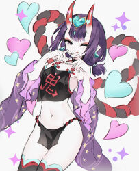 1girl :q absurdres black_fundoshi breasts chinese_clothes dudou eyeliner fate/grand_order fate_(series) fundoshi headpiece heart heart_hands highres horns japanese_clothes looking_at_viewer makeup navel one_eye_closed oni purple_eyes purple_hair sake_onicure short_hair shuten_douji_(fate) shuten_douji_(fate/grand_order) shuten_douji_(halloween_caster)_(fate) skin-covered_horns small_breasts smile solo thighhighs tongue tongue_out