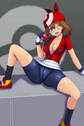 Rule 34 | 1girl, ;d, arm support, bandana, bike shorts, black socks, blue eyes, blush, breasts, brown hair, cameltoe, cleft of venus, collarbone, collared shirt, commentary request, creatures (company), eyelashes, game freak, gloves, hand up, highres, holding, holding poke ball, leg up, looking at viewer, may (pokemon), nintendo, one eye closed, open mouth, poke ball, poke ball (basic), poke ball symbol, pokemon, pokemon (anime), pokemon rse (anime), red bandana, red shirt, shiny skin, shirt, shoes, short sleeves, sitting, skirt, smile, socks, solo, spread legs, tongue, tsumitani daisuke, white gloves, white skirt