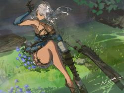 Rule 34 | 1girl, absurdres, bandaged arm, bandaged leg, bandages, black footwear, black gloves, blue dress, braid, breasts, cleavage, dress, elbow gloves, flower, gloves, grass, hair flower, hair ornament, hand up, high heels, highres, holding, holding weapon, kaine (nier), large breasts, lingerie, muyihui, negligee, nier, nier (series), outdoors, purple flower, signature, sitting, solo, sword, tan, thick thighs, thigh strap, thighs, underwear, weapon, white hair