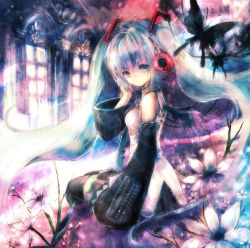 Rule 34 | bug, butterfly, detached sleeves, flower, hatsune miku, headphones, insect, long hair, looking back, lowres, necktie, onineko, sitting, solo, twintails, vocaloid
