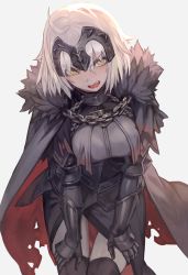Rule 34 | 1girl, ahoge, armor, armored dress, blush, breasts, cape, chain, coat, fate/grand order, fate (series), fur-trimmed coat, fur trim, gauntlets, hands on own knees, headpiece, highres, jeanne d&#039;arc (fate), jeanne d&#039;arc alter (avenger) (fate), jeanne d&#039;arc alter (fate), lack, large breasts, looking at viewer, open mouth, short hair, silver hair, solo, thighhighs, tsurime, yellow eyes