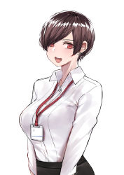 Rule 34 | 1girl, :d, arms at sides, black skirt, breasts, brown hair, dress shirt, earrings, highres, id card, jewelry, lanyard, large breasts, looking at viewer, norman maggot, office lady, olive laurentia, open mouth, original, pencil skirt, pixie cut, red eyes, shirt, shirt tucked in, short hair, simple background, skirt, smile, solo, standing, upper body, white background, white shirt