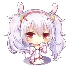 Rule 34 | 1girl, animal ears, azur lane, chibi, commentary request, fake animal ears, hairband, jacket, laffey (azur lane), long hair, looking at viewer, orange eyes, pleated skirt, simple background, sitting, skirt, solo, thighhighs, twintails, wariza, white background, white hair, white thighhighs, yukiyuki 441, zettai ryouiki