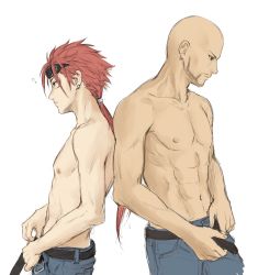 Rule 34 | 2boys, abs, back-to-back, bad id, bad pixiv id, bald, bare arms, belt, black belt, commentary request, denim, earrings, facing to the side, final fantasy, final fantasy vii, final fantasy vii remake, from side, goggles, goggles on head, highres, jeans, jewelry, male focus, mondi hl, multiple boys, muscular, navel, nipples, pants, pectorals, ponytail, red hair, reno (ff7), rude (ff7), simple background, topless male