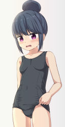 Rule 34 | 1girl, bare arms, bare shoulders, black hair, black one-piece swimsuit, blush, breasts, collarbone, commentary request, covered navel, grey background, groin, hair bun, highres, old school swimsuit, one-piece swimsuit, open mouth, purple eyes, school swimsuit, shima rin, sidelocks, simple background, small breasts, solo, standing, sweat, swimsuit, takasuma hiro, turn pale, wavy mouth, yurucamp