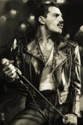Rule 34 | 1boy, black hair, chest hair, collarbone, cropped jacket, denim, facial hair, freddie mercury, greyscale, holding, holding microphone, holding microphone stand, hungry clicker, jacket, jeans, long sleeves, male focus, manly, microphone, microphone stand, monochrome, muscular, music, mustache, open clothes, open jacket, open mouth, pants, queen (band), real life, realistic, shirt, singing, solo, standing