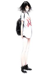 Rule 34 | 1girl, backpack, bag, black hair, blue eyes, eyelashes, frown, full body, highres, shirt, shoes, short hair, short shorts, shorts, simple background, sneakers, solo, sousou (sousouworks), standing, t-shirt, white background