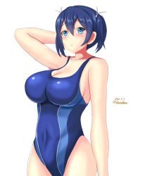1girl, blue eyes, blue hair, blue swimsuit, breasts, commentary request, competition swimsuit, cowboy shot, dated, highres, impossible clothes, impossible swimsuit, kantai collection, large breasts, montemasa, necktie, one-piece swimsuit, pink neckwear, shirt, short hair, simple background, solo, souryuu (kancolle), swimsuit, twintails, twitter username, white background