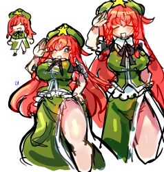 Rule 34 | breasts, emerald kitty, highres, hong meiling, large breasts, salute, thick thighs, thighs, touhou