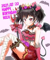 Rule 34 | 1girl, artist name, artist request, bare legs, bare shoulders, bat (animal), black choker, black hair, blush, bow, bracelet, breasts, choker, collarbone, curled horns, demon girl, demon horns, demon tail, demon wings, detached collar, dress, earrings, elbow gloves, female focus, fishnet legwear, fishnets, flat chest, floral print, flower, flower earrings, flower print, frilled dress, frills, garter straps, gloves, grey wings, hair between eyes, hair bow, hair flower, hair ornament, hairclip, heart, heart tattoo, highres, holding, holding trident, horns, jewelry, knees up, lace, lace-trimmed legwear, lace trim, long hair, looking at viewer, love live!, love live! school idol festival, love live! school idol project, midriff, miniskirt, navel, parted lips, pearl bracelet, pink flower, pink gloves, pink rose, plaid, plaid skirt, pleated, pleated skirt, polearm, polka dot, polka dot bow, print skirt, purple flower, purple rose, red bow, red eyes, red flower, red rose, red skirt, rose, rose print, short hair, short twintails, shoulder tattoo, sidelocks, sitting, skirt, small breasts, smile, solo, striped clothes, striped gloves, tail, tattoo, tiara, trident, twintails, v-shaped eyebrows, vertical-striped clothes, vertical-striped gloves, weapon, wings, yazawa nico