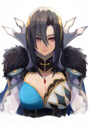 Rule 34 | 1girl, absurdres, asymmetrical bangs, asymmetrical clothes, black hair, breasts, cleavage, cleavage cutout, clothing cutout, fire emblem, fire emblem engage, fur trim, hair between eyes, highres, jewelry, labebebe lee, large breasts, long sleeves, looking at viewer, necklace, nel (fire emblem), nintendo, parted bangs, portrait, red eyes, short hair, simple background, solo, upper body, white background