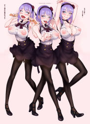 Rule 34 | 10s, 3girls, ahegao, arms up, between breasts, black pantyhose, blue eyes, blush, breasts, cleavage, clothes, covered erect nipples, cupping hand, dagashi kashi, double v, fellatio gesture, flower, food, frills, full body, hair flower, hair ornament, hair ribbon, hairband, high-waist skirt, highres, inverted nipples, large breasts, looking at viewer, multiple girls, nail polish, nipples, no bra, oishinbo, open mouth, pantyhose, popsicle, purple hair, ribbon, ringed eyes, rose, see-through, sexually suggestive, shidare hotaru, short hair, shoujo donburi, skirt, smile, solo, suspender skirt, suspenders, text focus, thighband pantyhose, tongue, tongue out, translation request, umaibou, v, w