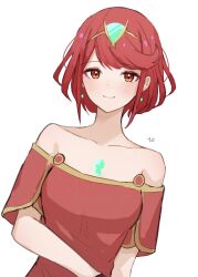 Rule 34 | 1girl, bare shoulders, breasts, chest jewel, closed mouth, commentary, earrings, ewokakupiece, gem, headpiece, highres, jewelry, looking at viewer, medium breasts, official alternate costume, pyra (xenoblade), red eyes, red hair, short hair, short sleeves, smile, swept bangs, tiara, white background, xenoblade chronicles (series), xenoblade chronicles 2