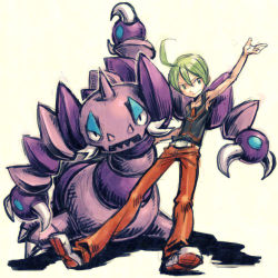 Rule 34 | 1boy, aaron (pokemon), ahoge, arm up, claws, closed mouth, collarbone, creatures (company), drapion, elite four, full body, game freak, gen 4 pokemon, green eyes, green hair, leaning back, legs apart, looking at viewer, looking to the side, lowres, male focus, meimaru inuchiyo, monster, nintendo, pants, pokemon, pokemon (creature), sharp teeth, shoes, simple background, sleeveless, smile, sneakers, standing, tank top, teeth, white background